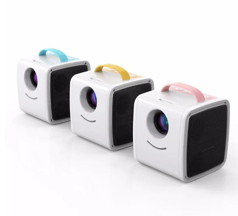 Mini home theater projector with 20-70 inch screen, 15W LED bulb, 12V power, in blue casing on a table