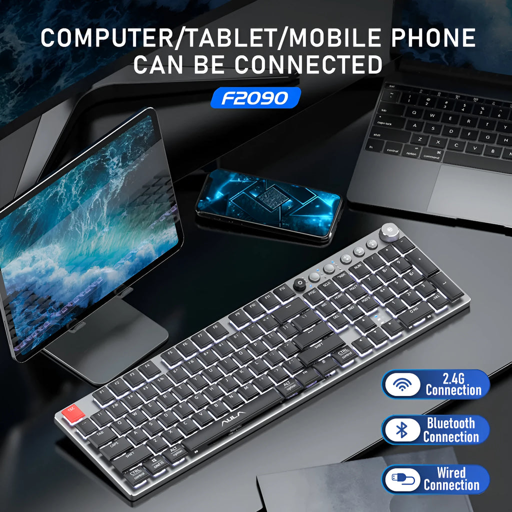 Wireless mechanical keyboard with 104 keys, black shaft, blue backlight, slim profile on desk