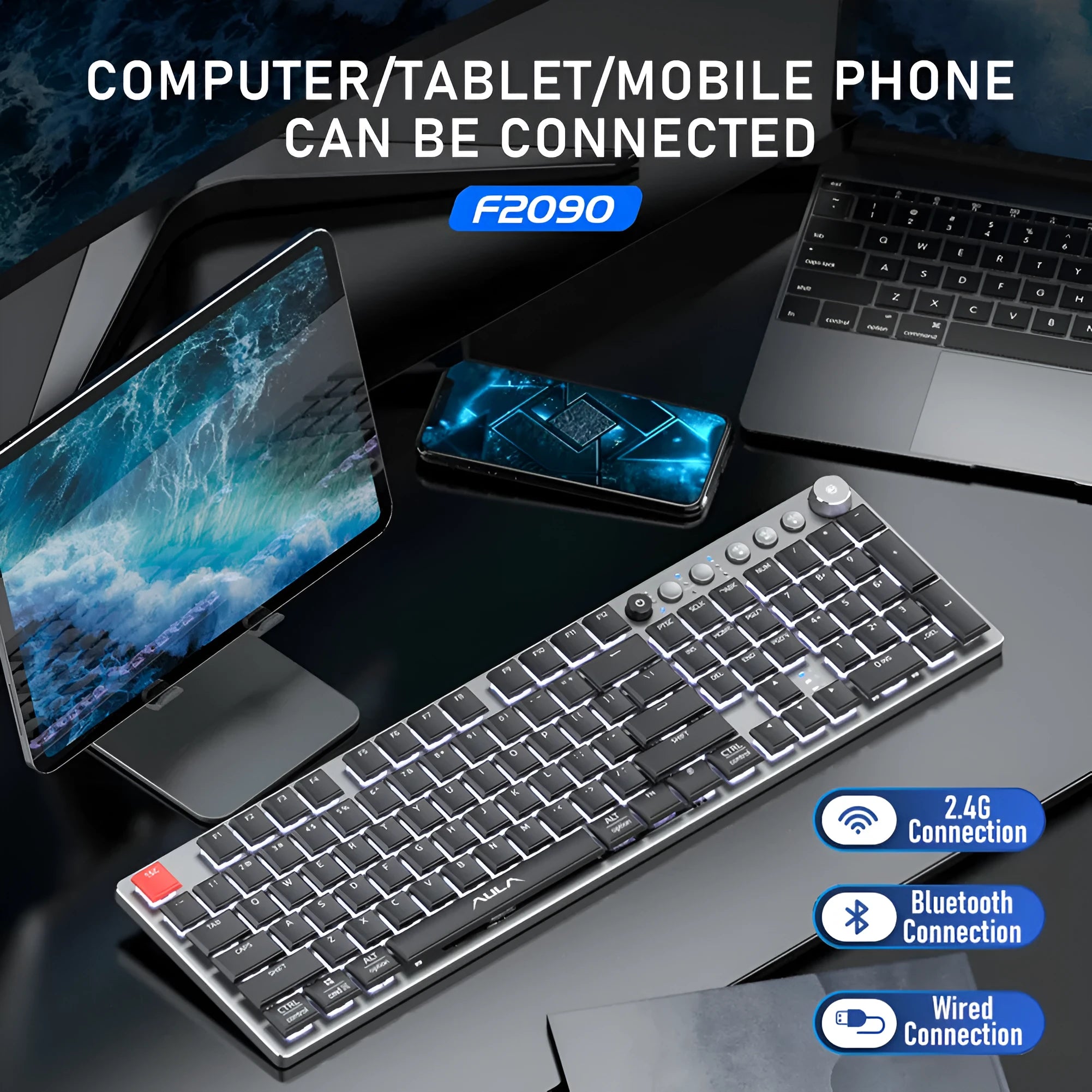 Wireless mechanical keyboard with 104 keys, black shaft, blue backlight, slim profile on desk