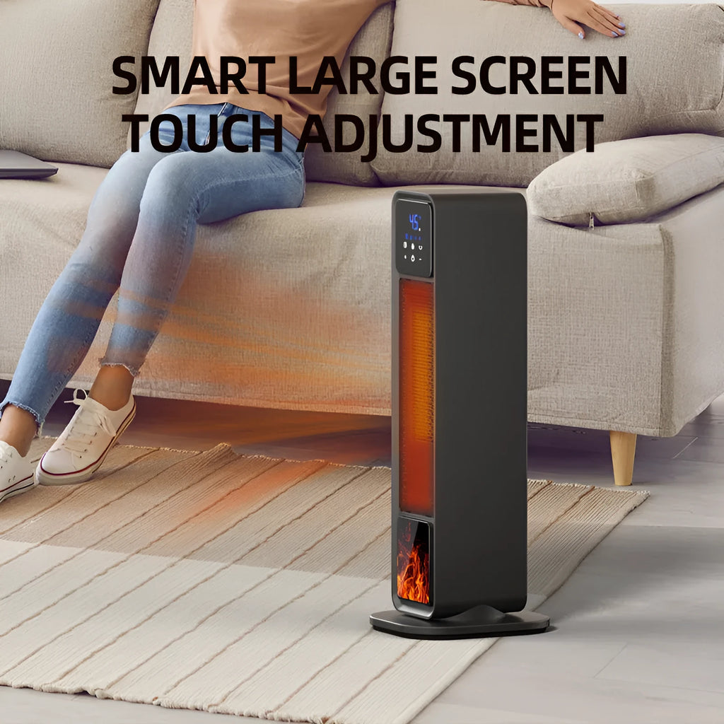 Black standing electric heater with remote control, 2200W ceramic heating, shaking head, timer over 8 hours