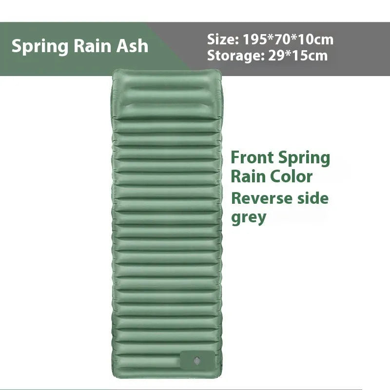 Single person inflatable camping mattress in grey colour, shown expanded to 195cm length.