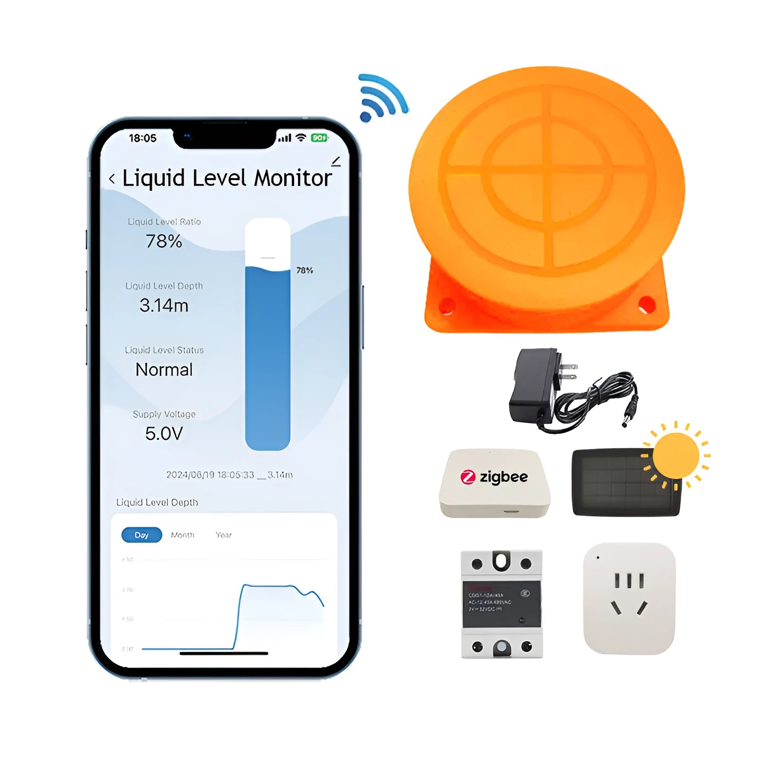 Moray ME201W wireless fluid level sensor with power adapter for remote tank monitoring on mobile app.