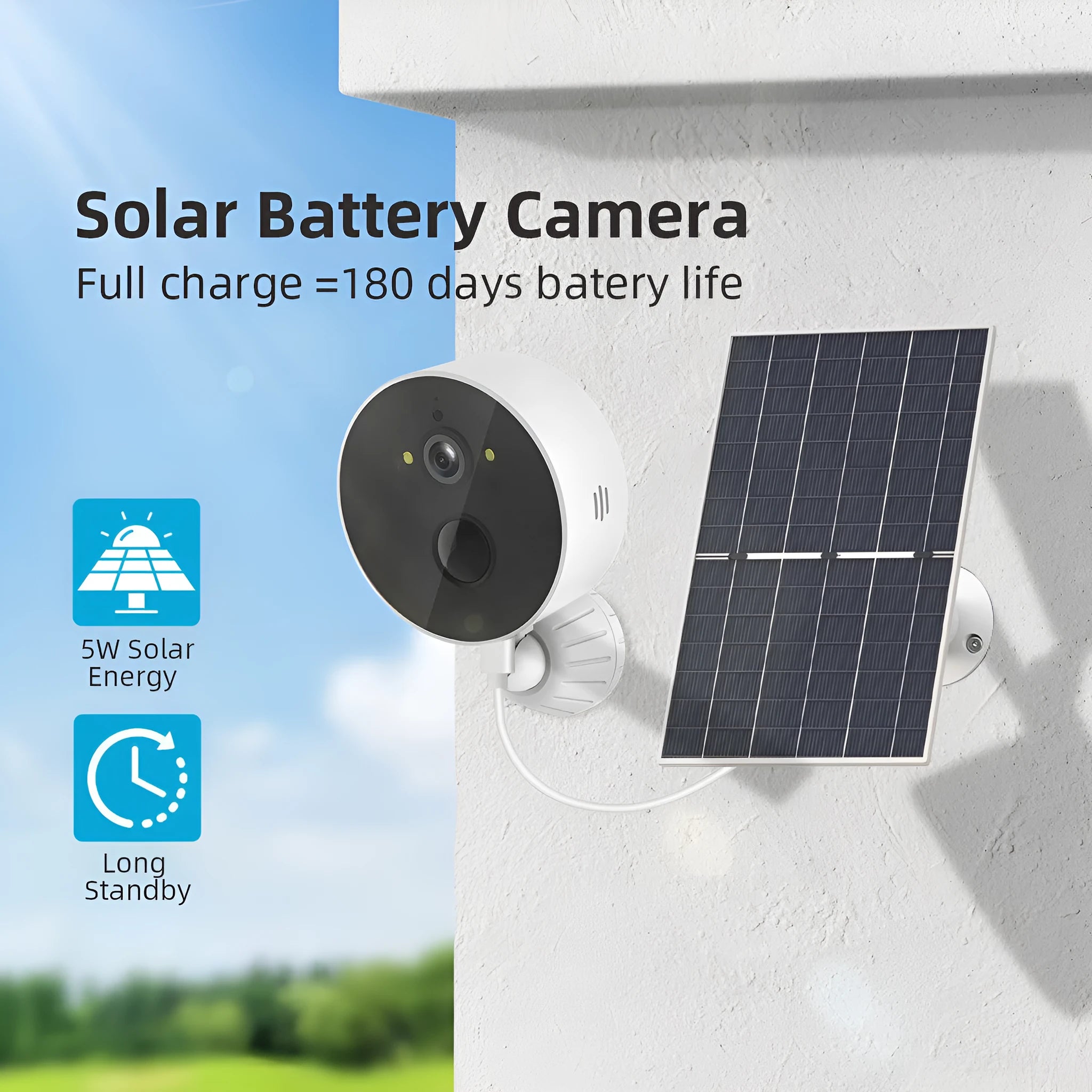 Outdoor solar panel security camera kit for garden and driveway monitoring.