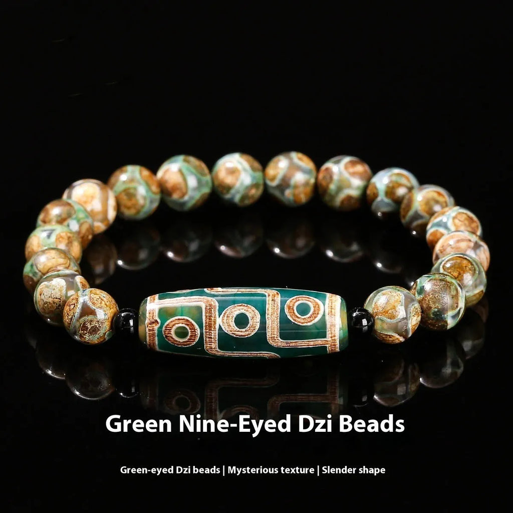 Green Dzi bead barrel shaped bracelet with 8mm handmade beads and Tibetan-inspired design