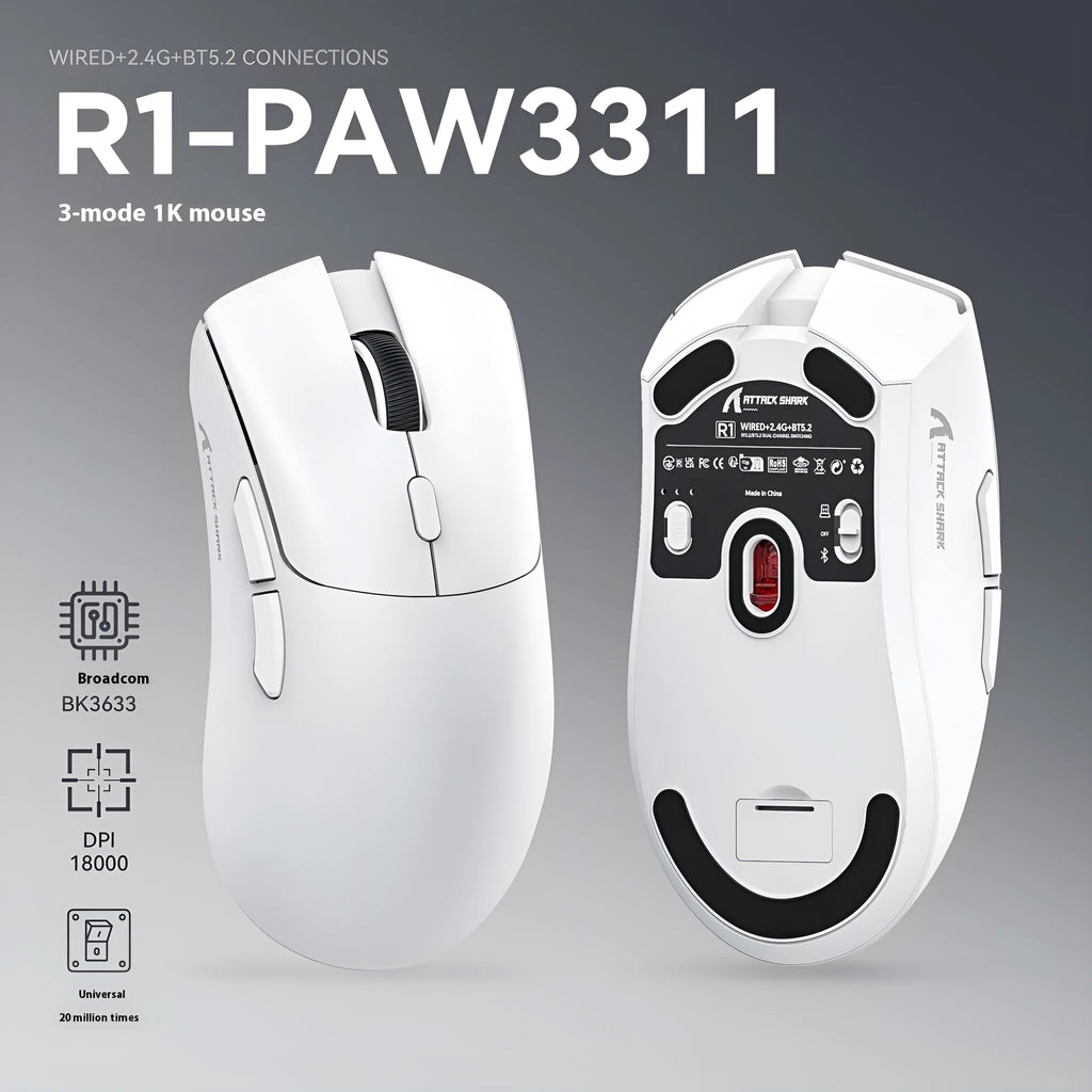 Attack Shark wireless Bluetooth gaming mouse in black, red, or white on a desk