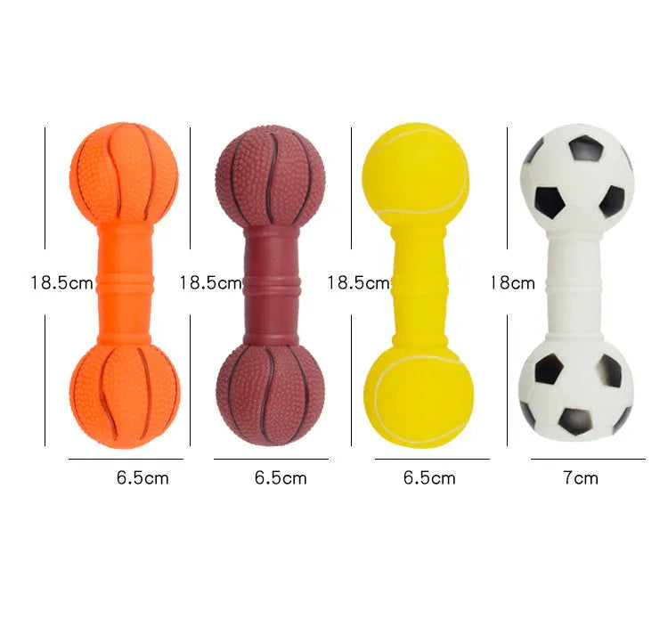 Brown and orange dumbbell-shaped PVC squeaky dog toy for small and medium pets.