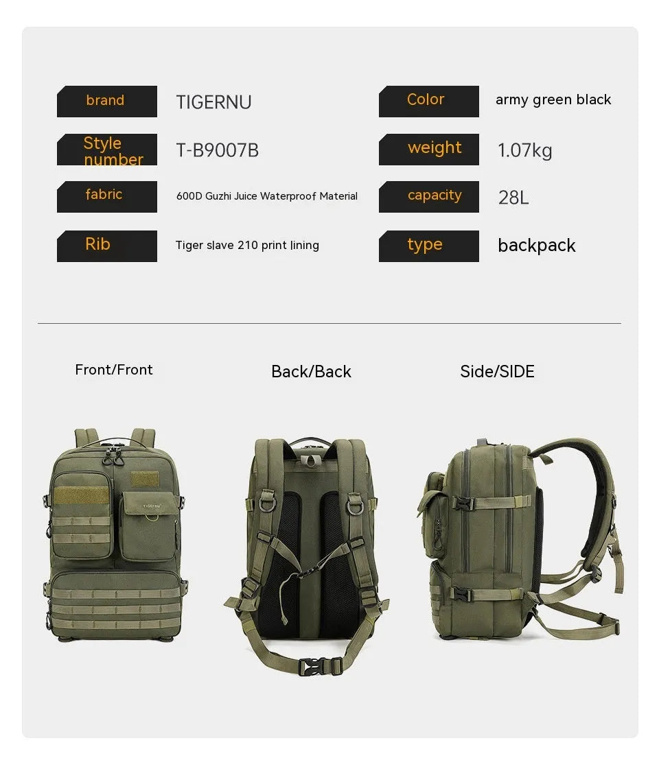 Army green 17-inch tactical backpack with waterproof nylon construction and 20-35 litre capacity
