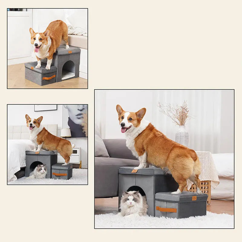 Foldable gray cloth pet storage stairs with two or three steps, placed next to a bed for dog access