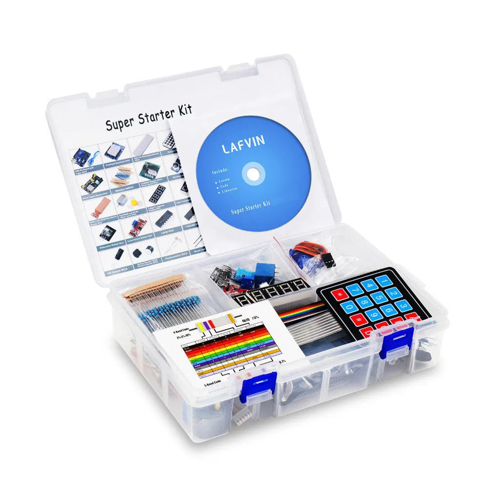LAFVIN Arduino UNO R3 super starter kit with blue board, breadboard, and numerous electronic components.