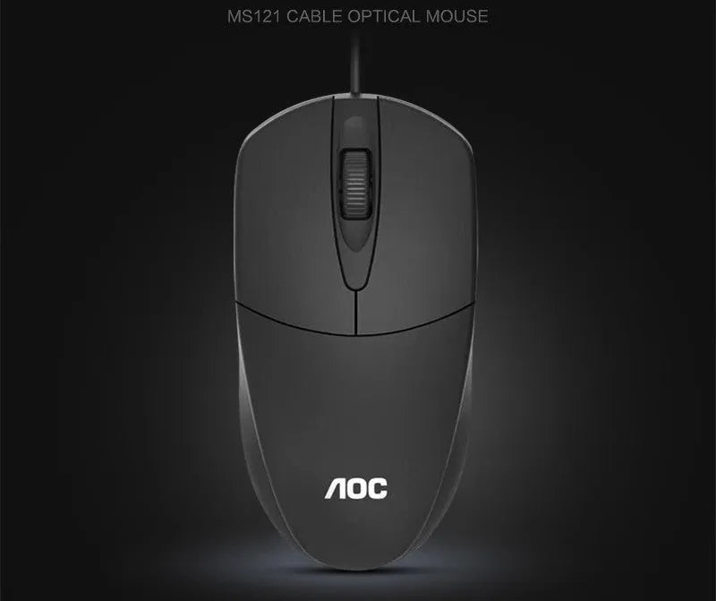 Black wired USB photoelectric mouse MS121 on a desk for home office or business use
