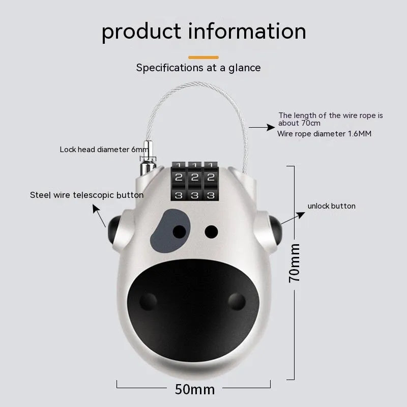 Retractable bicycle and motorcycle helmet lock with steel cable and ABS plastic housing in black cow style