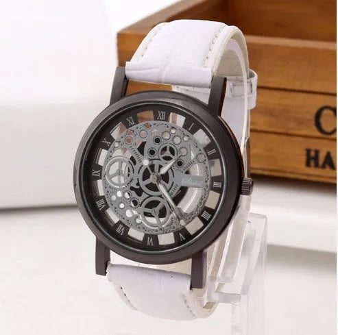 Fashion hollow belt quartz watch for men and women with leather strap, round 40mm dial, glass window, black