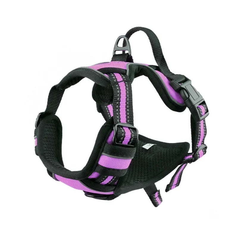 Adjustable dog chest harness in Oxford cloth, shown in multiple colours including red, blue, and black.