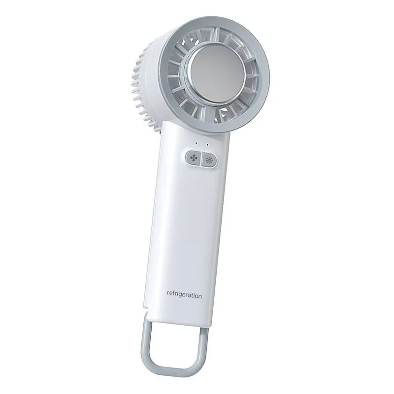 White handheld turbo jet fan with touch controls showing three speed settings and ice cooling function