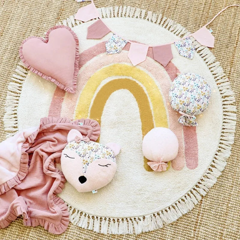 Round tassel carpet for children's rooms in rainbow colour, chemical fibre, 80cm to 200cm diameter