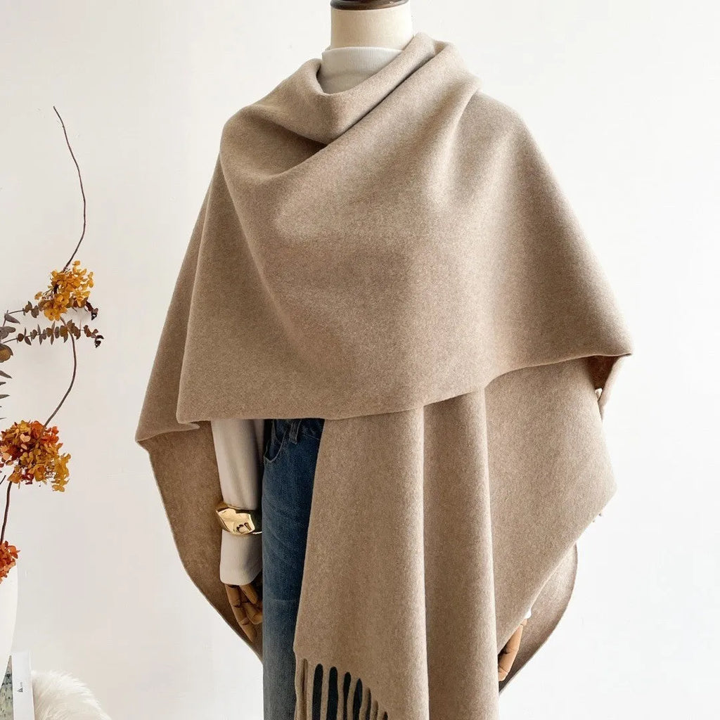 Solid colour jacquard imitation cashmere cloak robe in khaki light, 170x110cm warm outerwear