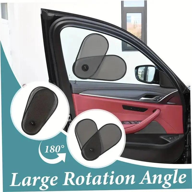 Black stretchy car side window sunshade with suction cups fitted on a car window