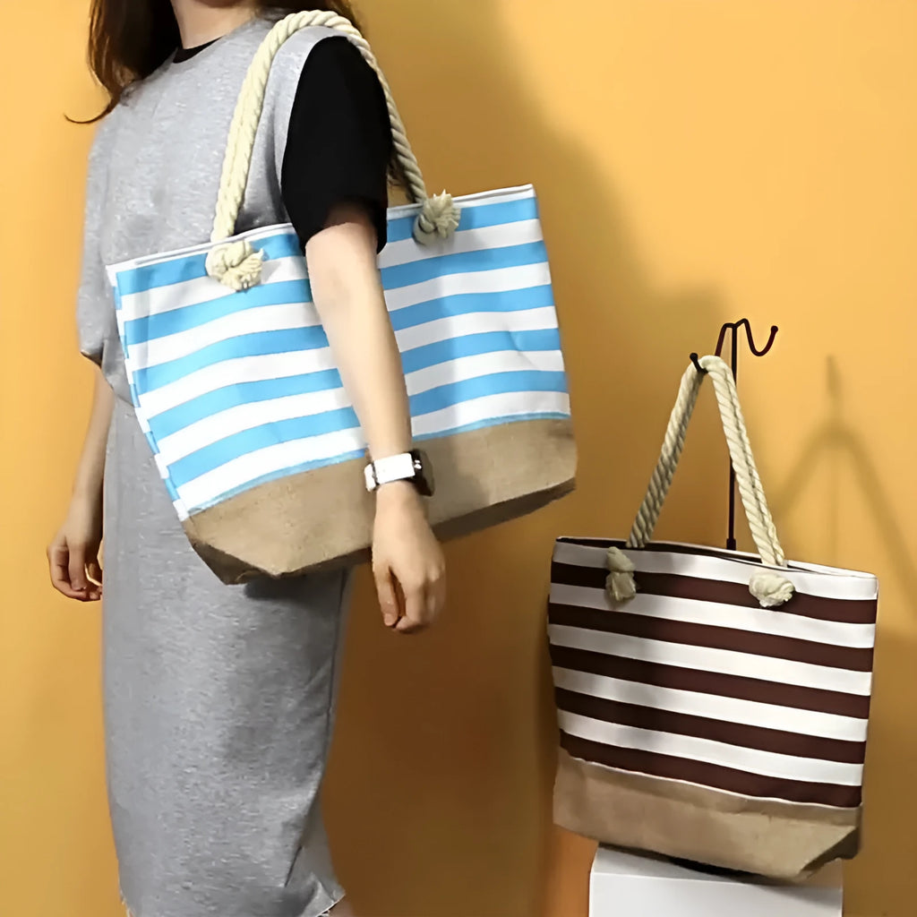 Striped canvas shoulder bag 50x12x35cm with double straps and internal zip pocket in blue brown grey navy red