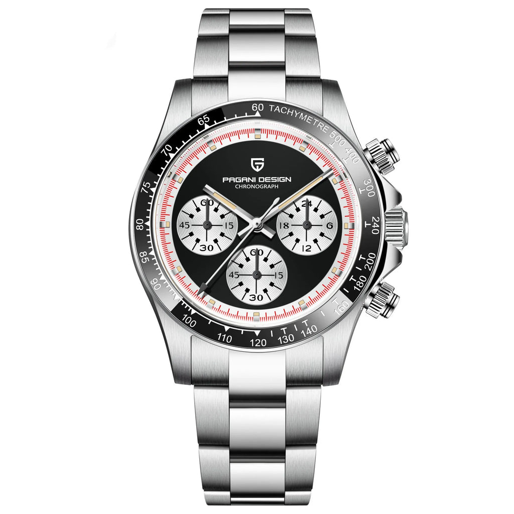 Men's quartz chronograph watch with stainless steel bracelet and 40mm black dial