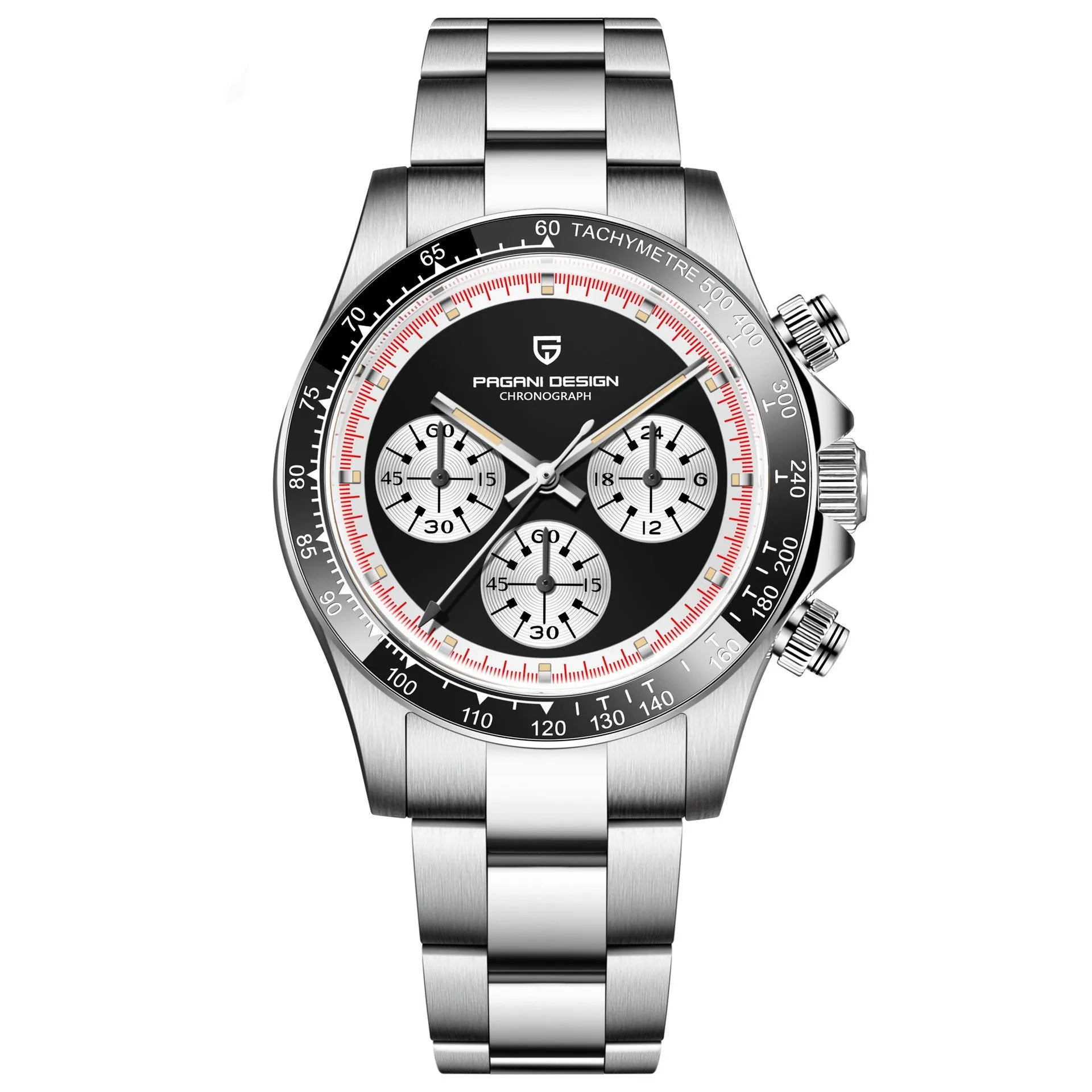 Men's quartz chronograph watch with stainless steel bracelet and 40mm black dial