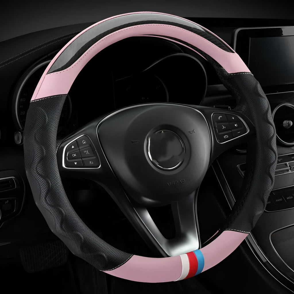 Artificial leather sports steering wheel cover for 38cm diameter wheels in D-shape and round styles.