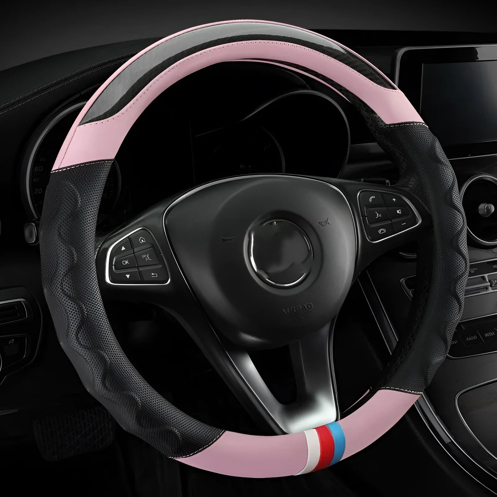 Artificial leather sports steering wheel cover for 38cm diameter wheels in D-shape and round styles.