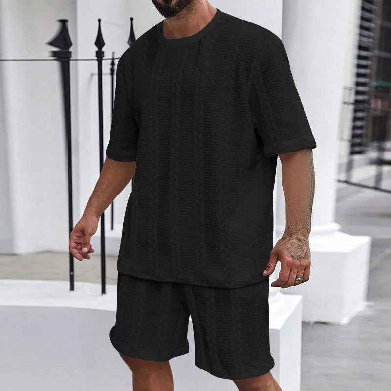 Knitted jacquard pullover and shorts set in solid colour on a mannequin