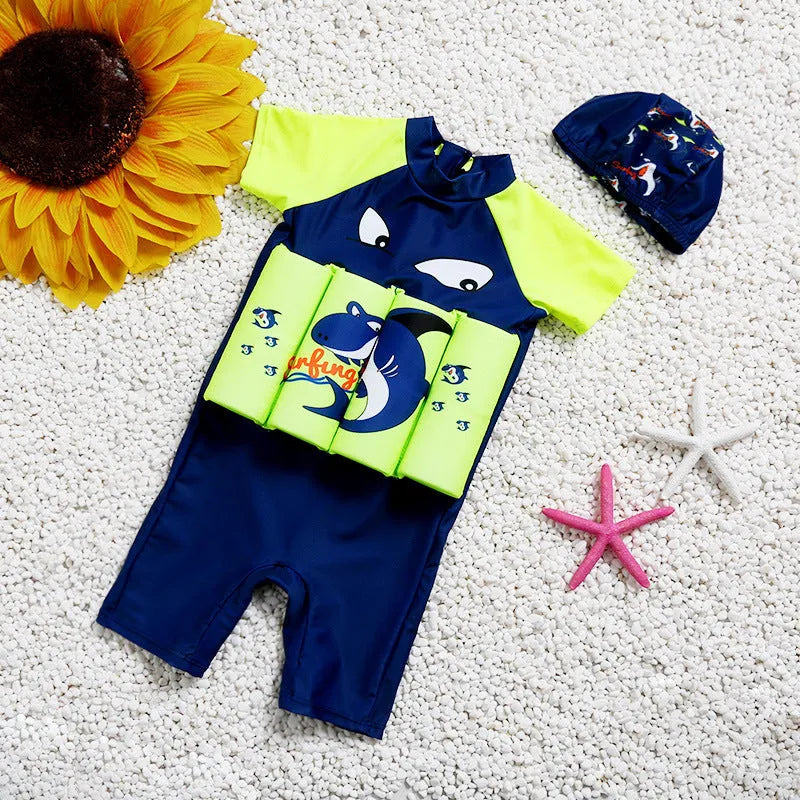 Shark boy print children's buoyancy swimsuit one-piece for pool safety and sun protection