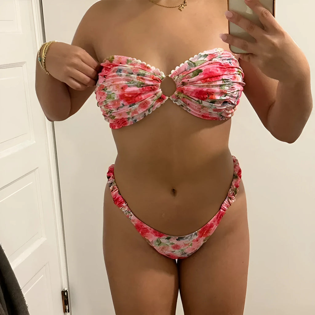 Women's printed floral bikini with lace trim and backless tube top design