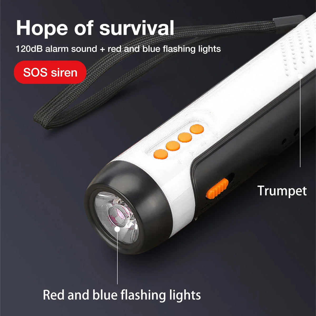 Orange emergency FM rechargeable alarm flashlight with hand crank on a dark outdoor background