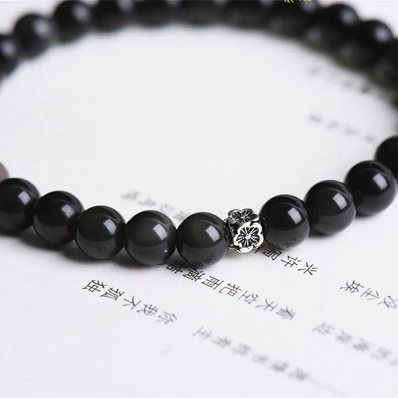 Natural obsidian bracelet with S925 silver flower charm and dragon phoenix decorations