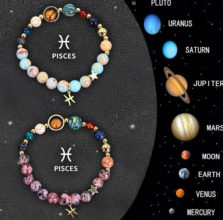 Set of twelve beaded bracelets with natural stone charms on a wooden surface, showing adjustable magnetic clasps.