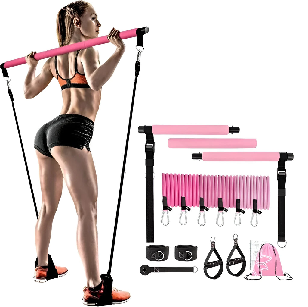 Set of eleven TPE fitness sticks in pink, purple, and black colours for adjustable resistance training