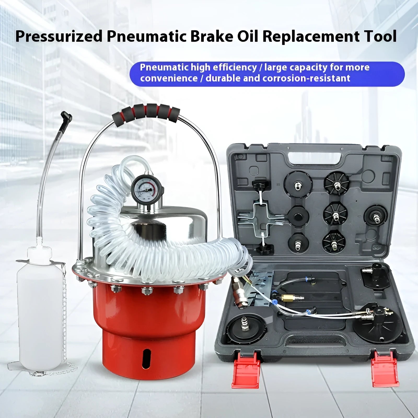 Pneumatic brake fluid replacement machine with pressure gauge and 5 litre capacity tank