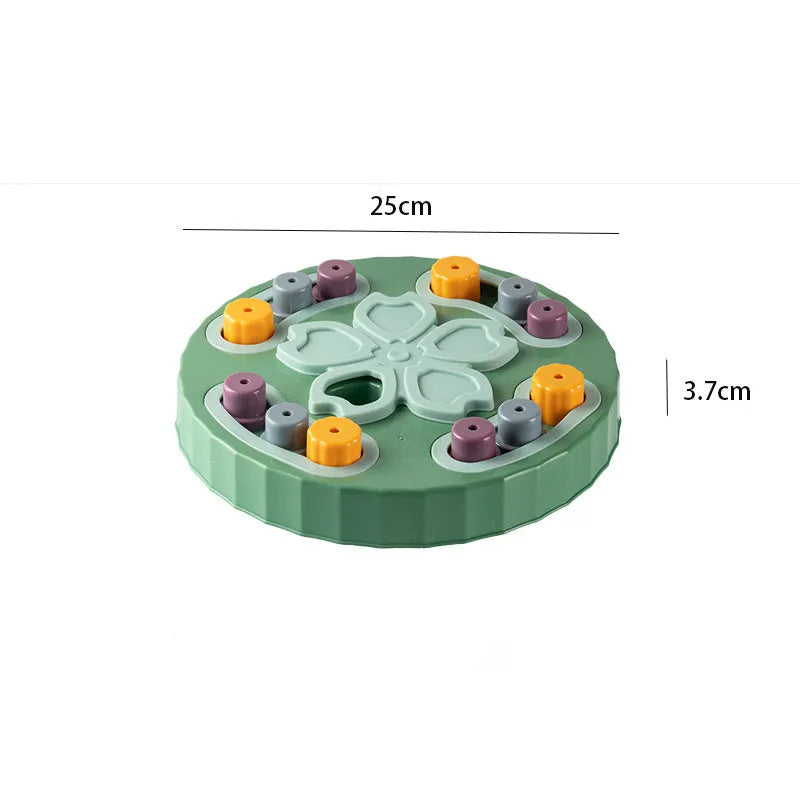 Interactive dog slow feeder puzzle toy in blue, green, and pink colour options.