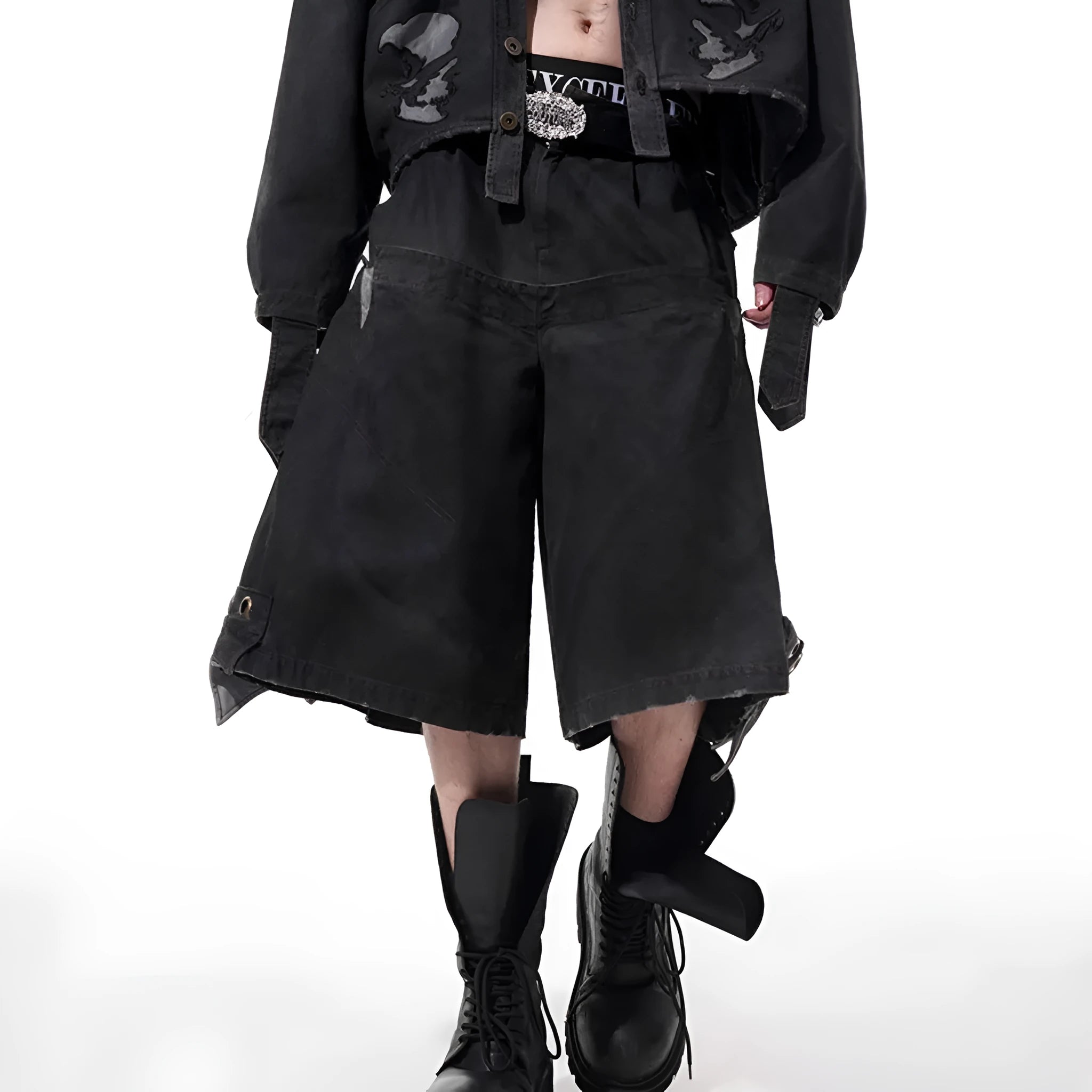 Men's black double waist loose cropped trousers with stitching detail and elastic waistband