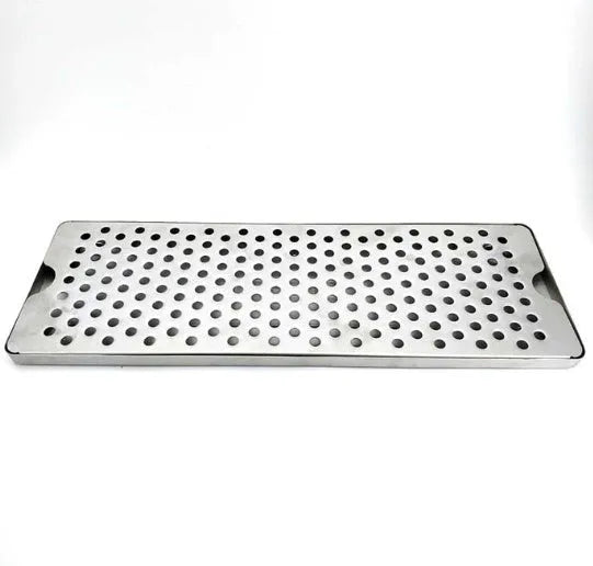 Silver rectangular 304 stainless steel wine dropping dish on a bar countertop, 30cm size