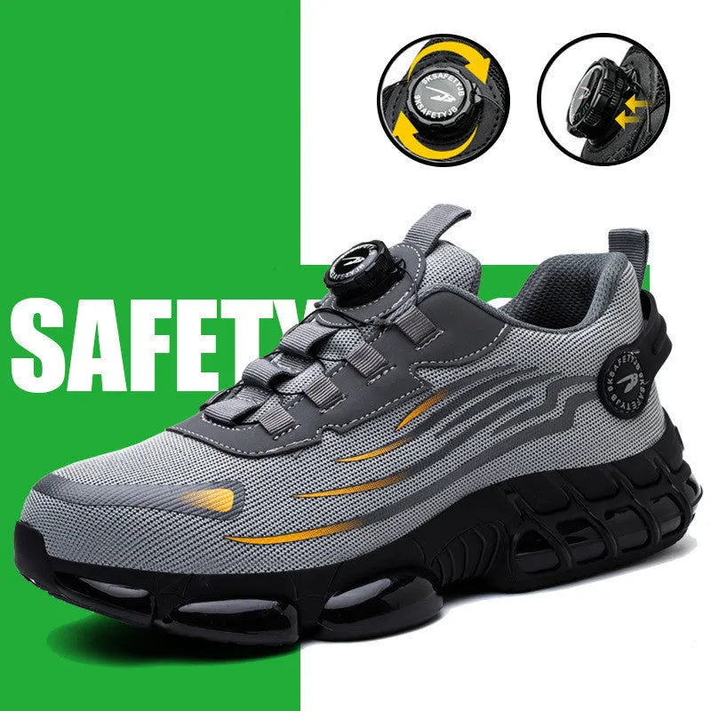 Men's lace-free safety shoes with steel toe cap, fly woven mesh upper and PU sole, in black, blue or grey