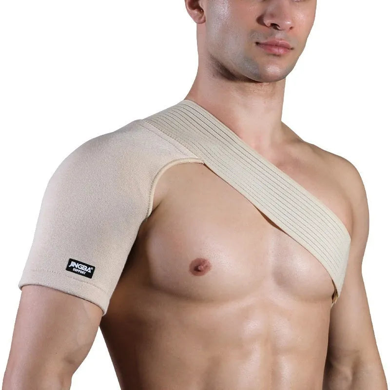 Adjustable single-shoulder sports protective gear in skin colour for weightlifting and multi-sport use.