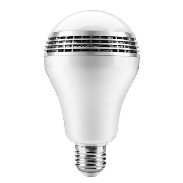 E27 LED smart bulb with integrated Bluetooth speaker showing dimensions and RGB lighting capability