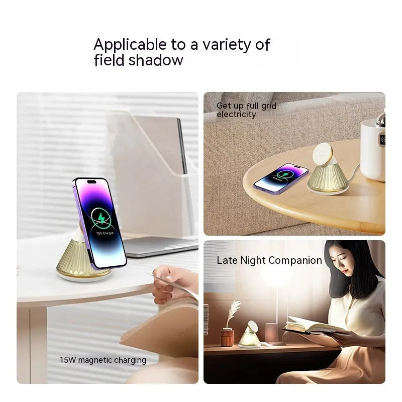 Night table lamp with magnetic wireless charging seat showing champagne gold finish and adjustable lighting