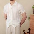 Men's short sleeve lapel cardigan in striped cotton knit fabric shown in creamy-white colour
