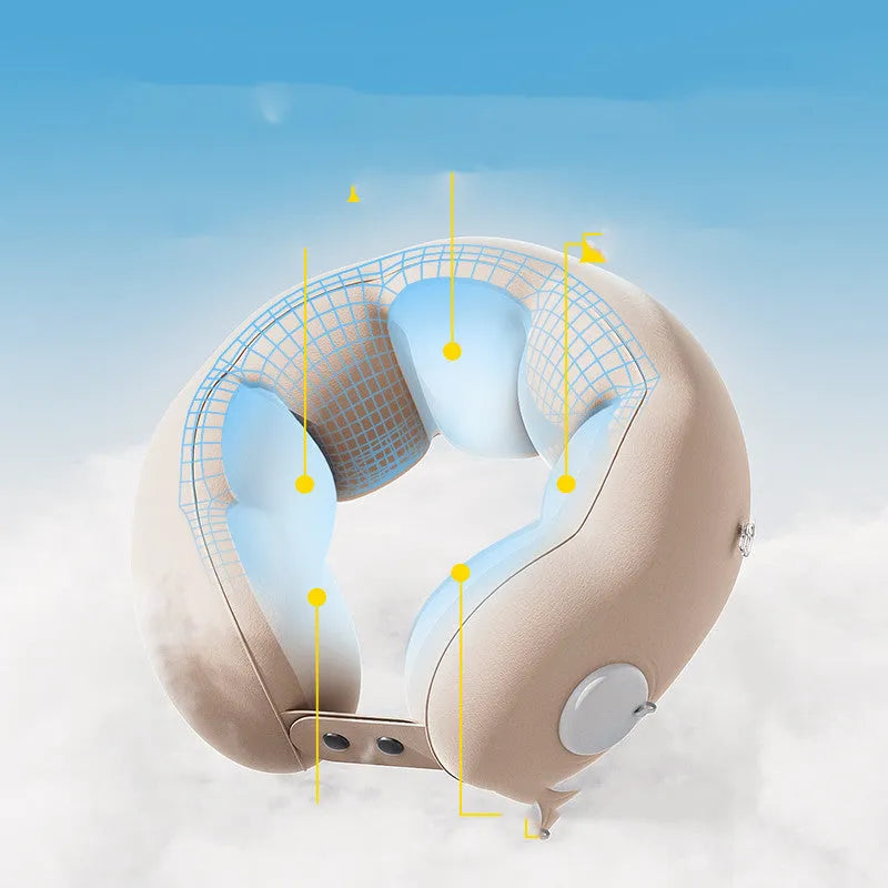 Inflatable U-shaped travel neck pillow in cloud bubble colour, shown deflated and packed.