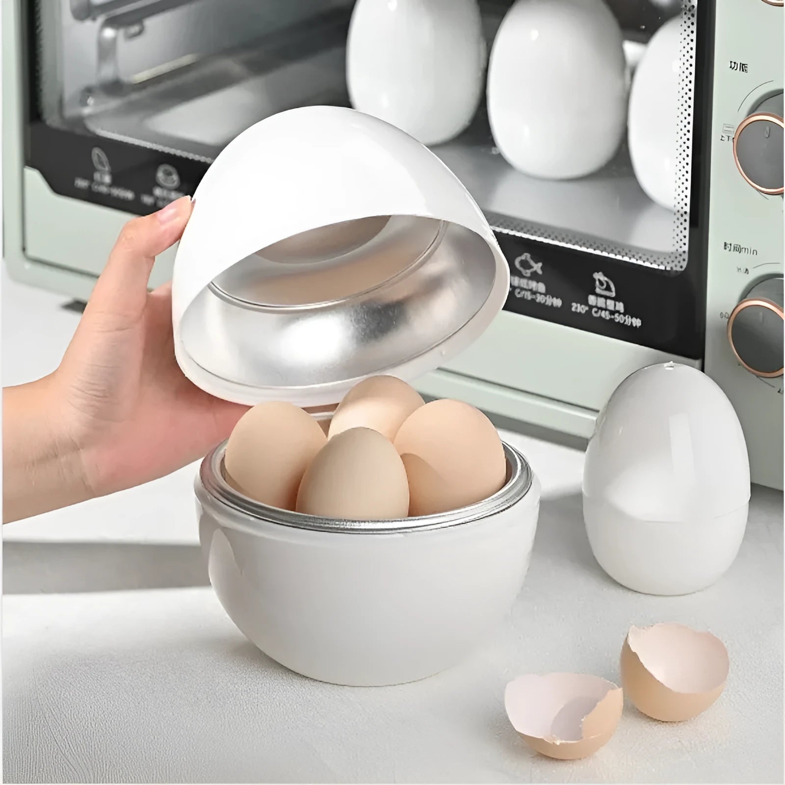 White microwave egg steamer cooker with lid for boiling up to four eggs.