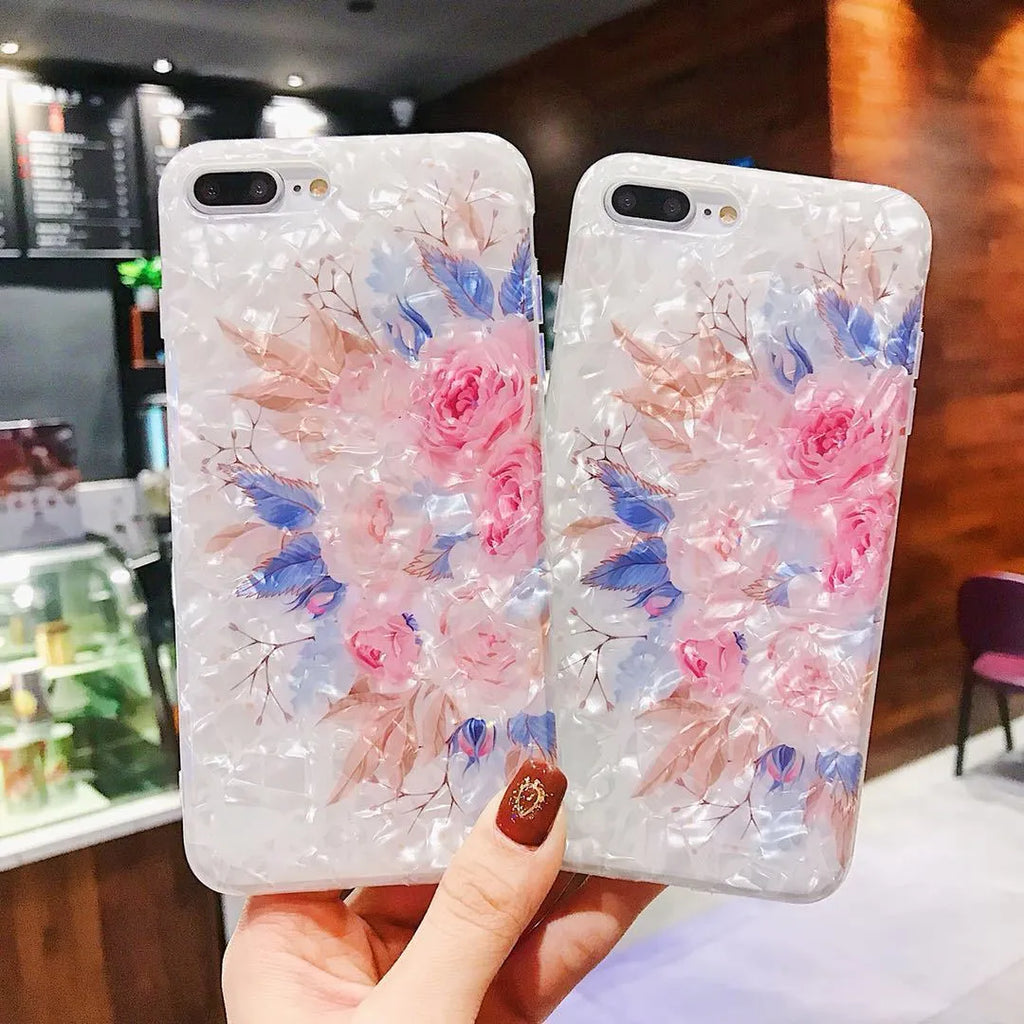 Dream Shell soft TPU iPhone case with rose flower pattern in brown, purple, or white.