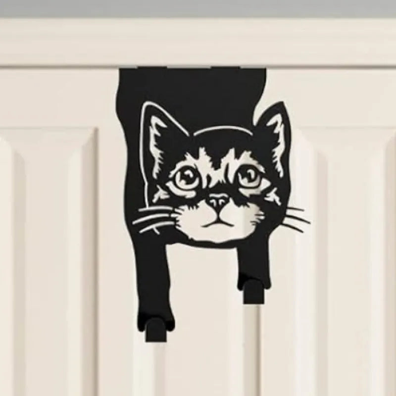 Black decorative iron cat wall hook with punch-free adhesive mounting system