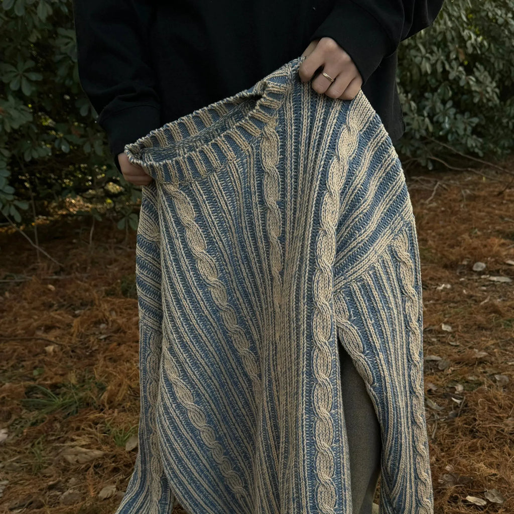Blue men's cotton round neck casual sweater with contrast stripes in loose fit