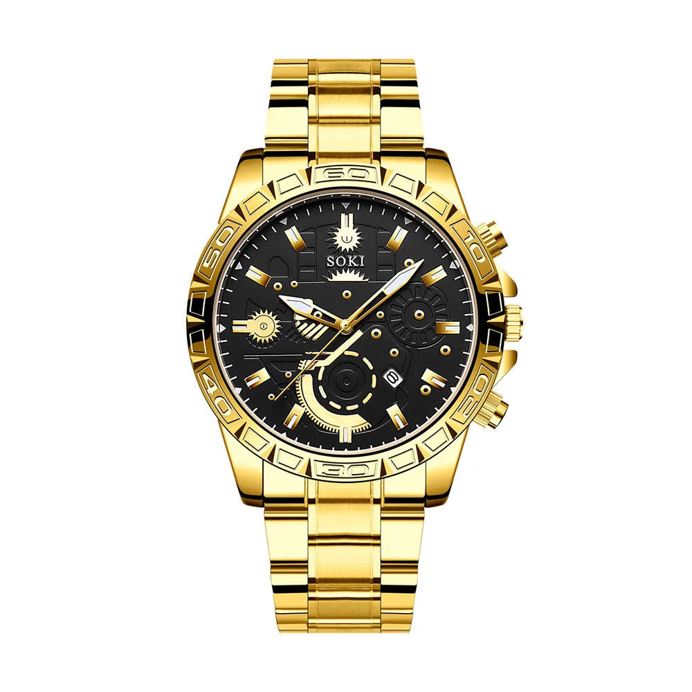 Gold men's steel business calendar quartz watch with stainless steel bracelet.