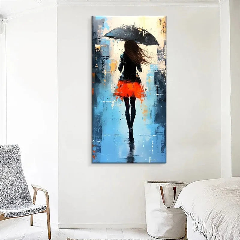 Hand painted modern abstract oil painting of people walking in rain on canvas for living room decoration