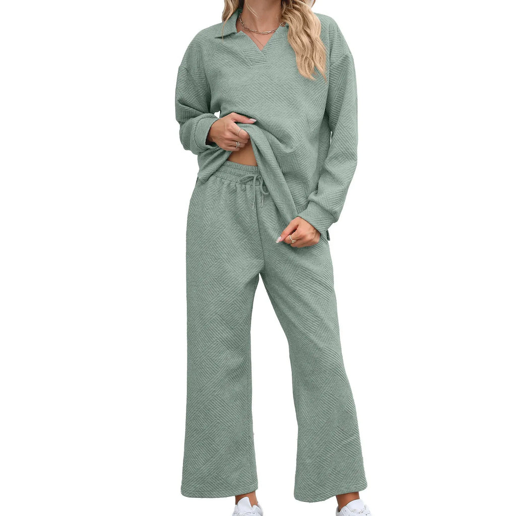 Women's solid colour knitted jacquard suit set with long sleeves and elastic waist cropped trousers
